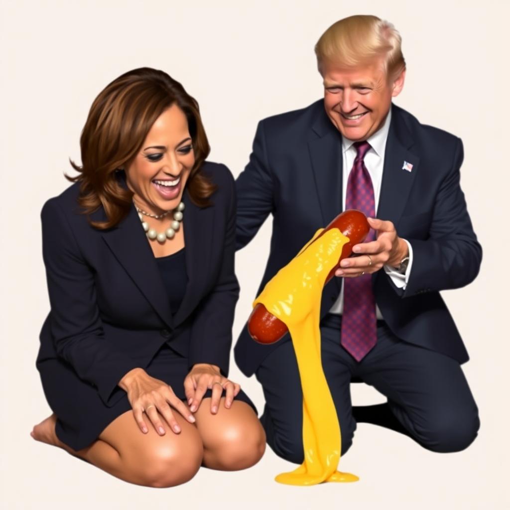 A happy Kamala Harris, the Vice President of the United States, is depicted on her knees, licking melted gouda from a cheese-filled kielbasa held by a man in a suit