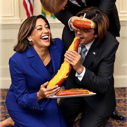 A happy Kamala Harris, the Vice President of the United States, is depicted on her knees, licking melted gouda from a cheese-filled kielbasa held by a man in a suit