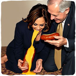 A happy Kamala Harris, the Vice President of the United States, is depicted on her knees, licking melted gouda from a cheese-filled kielbasa held by a man in a suit