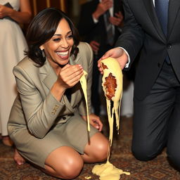 A happy Kamala Harris, the Vice President of the United States, is depicted on her knees, licking melted white gouda that is dripping from a cheese-filled kielbasa held by a man in a suit