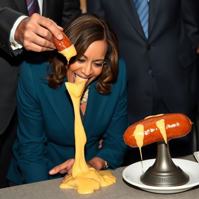 A happy Kamala Harris, the Vice President of the United States, is depicted on her knees, licking melted white gouda that is dripping from a cheese-filled kielbasa held by a man in a suit