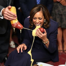 A happy Kamala Harris, the Vice President of the United States, is depicted on her knees, licking melted white gouda that is dripping from a cheese-filled kielbasa held by a man in a suit