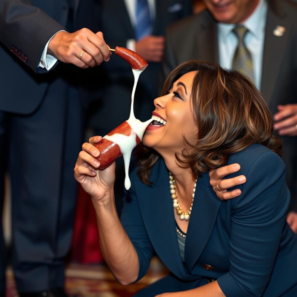 A happy Kamala Harris, the Vice President of the United States, is depicted on her knees, looking up and drinking milk dripping from an improvised straw made from kielbasa held by a man in a suit