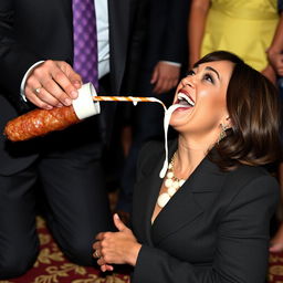 A happy Kamala Harris, the Vice President of the United States, is depicted on her knees, looking up and drinking milk dripping from an improvised straw made from kielbasa held by a man in a suit