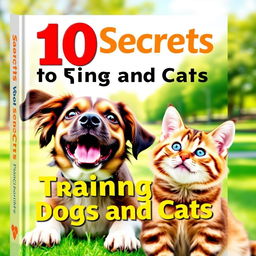 A colorful and engaging book cover featuring a playful dog and a curious cat, both looking happy and well-trained