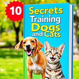 A colorful and engaging book cover featuring a playful dog and a curious cat, both looking happy and well-trained