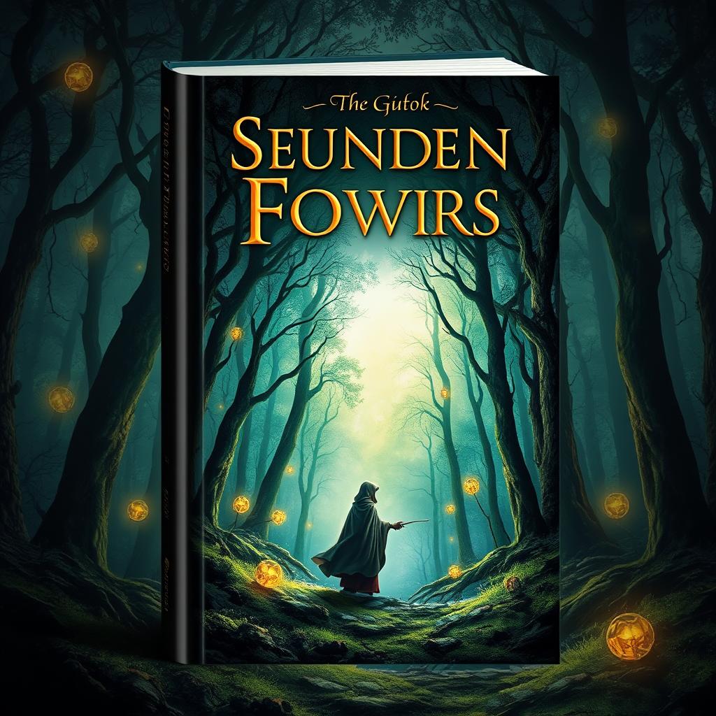 Create a captivating book cover with an enchanting forest background, a mysterious figure in a cloak, and magical elements like glowing runes and floating orbs