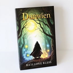 Create a captivating book cover with an enchanting forest background, a mysterious figure in a cloak, and magical elements like glowing runes and floating orbs