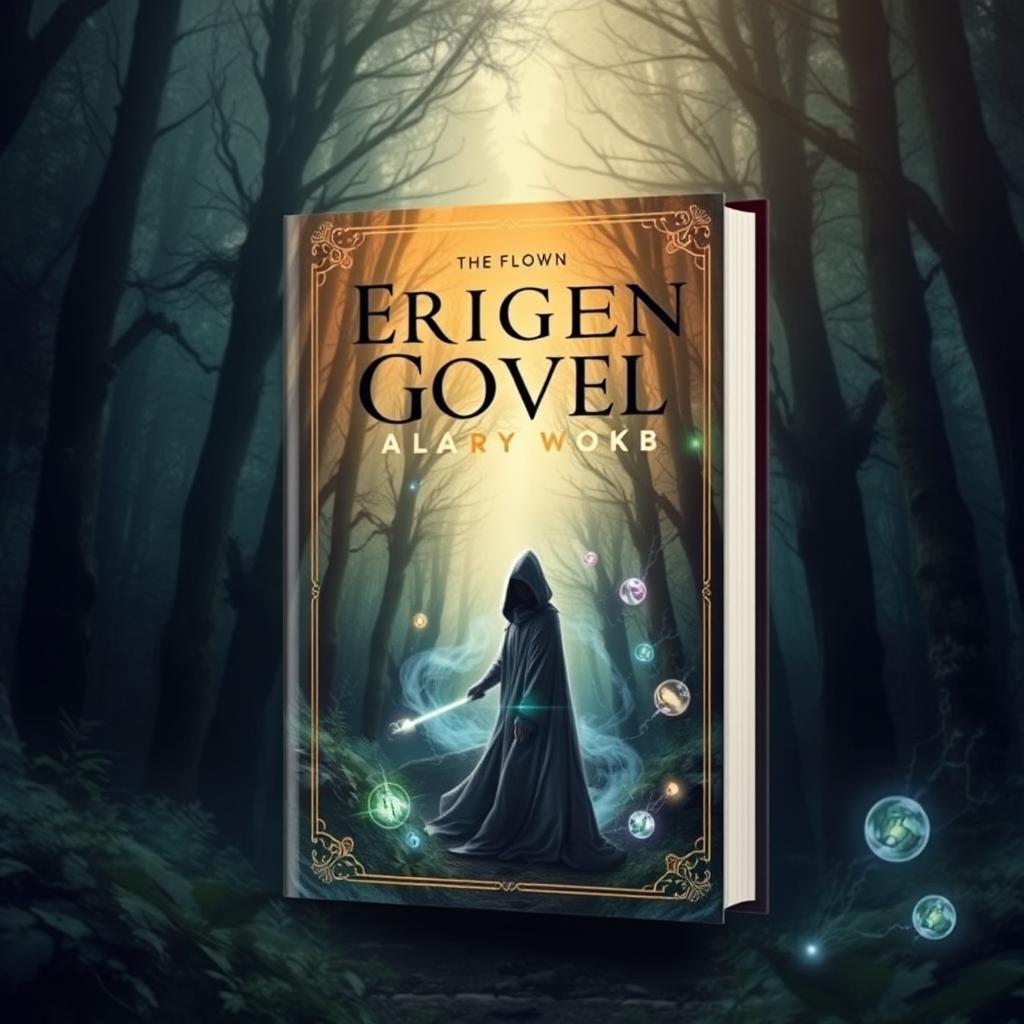 Create a captivating book cover with an enchanting forest background, a mysterious figure in a cloak, and magical elements like glowing runes and floating orbs