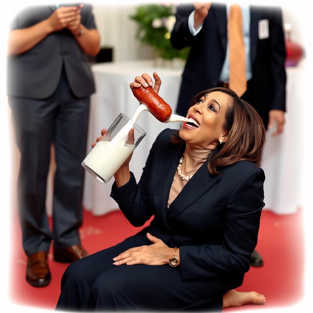 A happy Kamala Harris, the Vice President of the United States, is depicted on her knees, looking up and drinking milk through a kielbasa held by a man in a suit