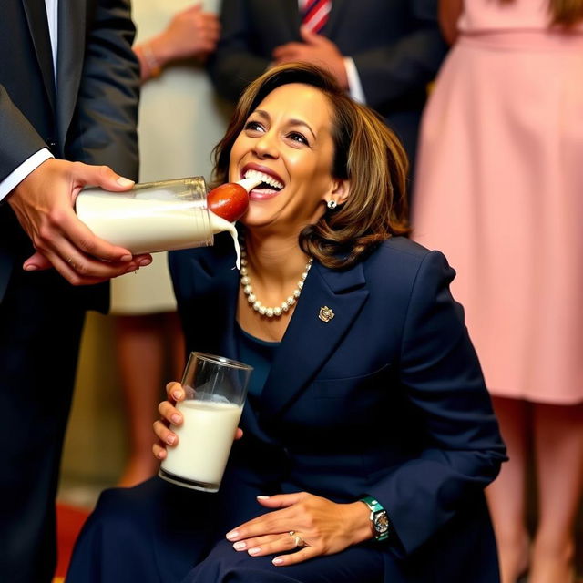 A happy Kamala Harris, the Vice President of the United States, is depicted on her knees, looking up and drinking milk through a kielbasa held by a man in a suit