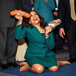 A happy Kamala Harris, the Vice President of the United States, is depicted on her knees, looking up and drinking milk through a kielbasa held by a man in a suit