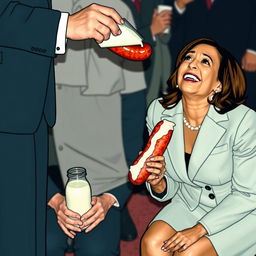 A happy Kamala Harris, the Vice President of the United States, is depicted on her knees, looking up and drinking milk through a kielbasa held by a man in a suit