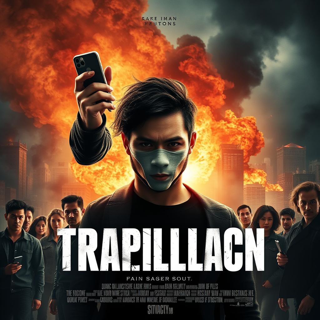 Create a poster for a thriller movie featuring the main character, a masked man holding a mobile phone