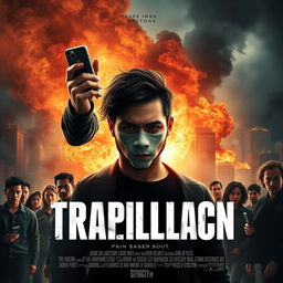 Create a poster for a thriller movie featuring the main character, a masked man holding a mobile phone