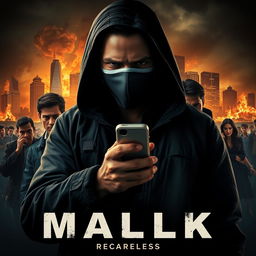 Create a poster for a thriller movie featuring the main character, a masked man holding a mobile phone