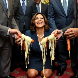 A happy Kamala Harris, the Vice President of the United States, is depicted on her knees, looking up and helping men in suits hold kielbasas dripping white cheese