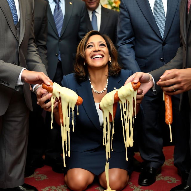 A happy Kamala Harris, the Vice President of the United States, is depicted on her knees, looking up and helping men in suits hold kielbasas dripping white cheese