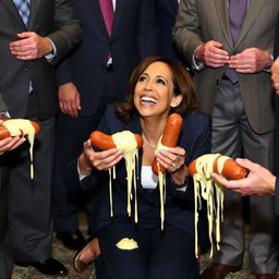 A happy Kamala Harris, the Vice President of the United States, is depicted on her knees, looking up and helping men in suits hold kielbasas dripping white cheese