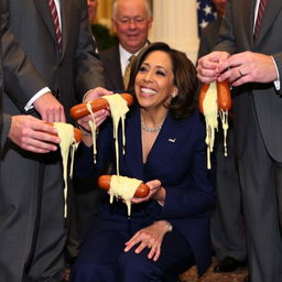 A happy Kamala Harris, the Vice President of the United States, is depicted on her knees, looking up and helping men in suits hold kielbasas dripping white cheese