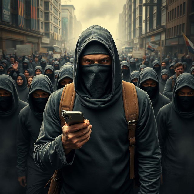 Create a poster for a thriller movie featuring the main character, a masked and covered man holding a mobile phone