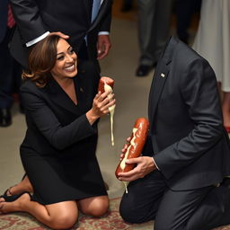 A happy Kamala Harris, the Vice President of the United States, is depicted on her knees, looking up and helping a man in a suit hold a kielbasa dripping white cheese