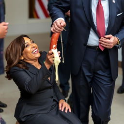 A happy Kamala Harris, the Vice President of the United States, is depicted on her knees, looking up and helping a man in a suit hold a kielbasa dripping white cheese