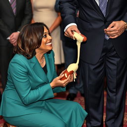 A happy Kamala Harris, the Vice President of the United States, is depicted on her knees, looking up and helping a man in a suit hold a kielbasa dripping white cheese