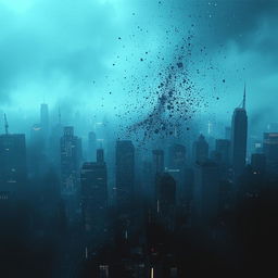 A cinematic poster with blue and gray tones, depicting a digital city fragmenting into thousands of pixels in a cybernetic void