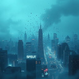 A cinematic poster with blue and gray tones, depicting a digital city fragmenting into thousands of pixels in a cybernetic void