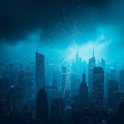 A cinematic poster with blue and gray tones, depicting a digital city fragmenting into thousands of pixels in a cybernetic void