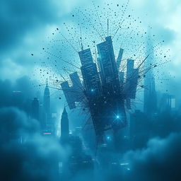 A cinematic poster with blue and gray tones, depicting a digital city fragmenting into thousands of pixels in a cybernetic void