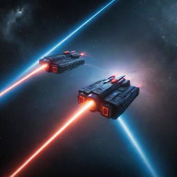 Intense laser battle involving dynamic, high-tech spacecrafts darting through the vastness of space, lasers shooting across the void creating a spectacular light show