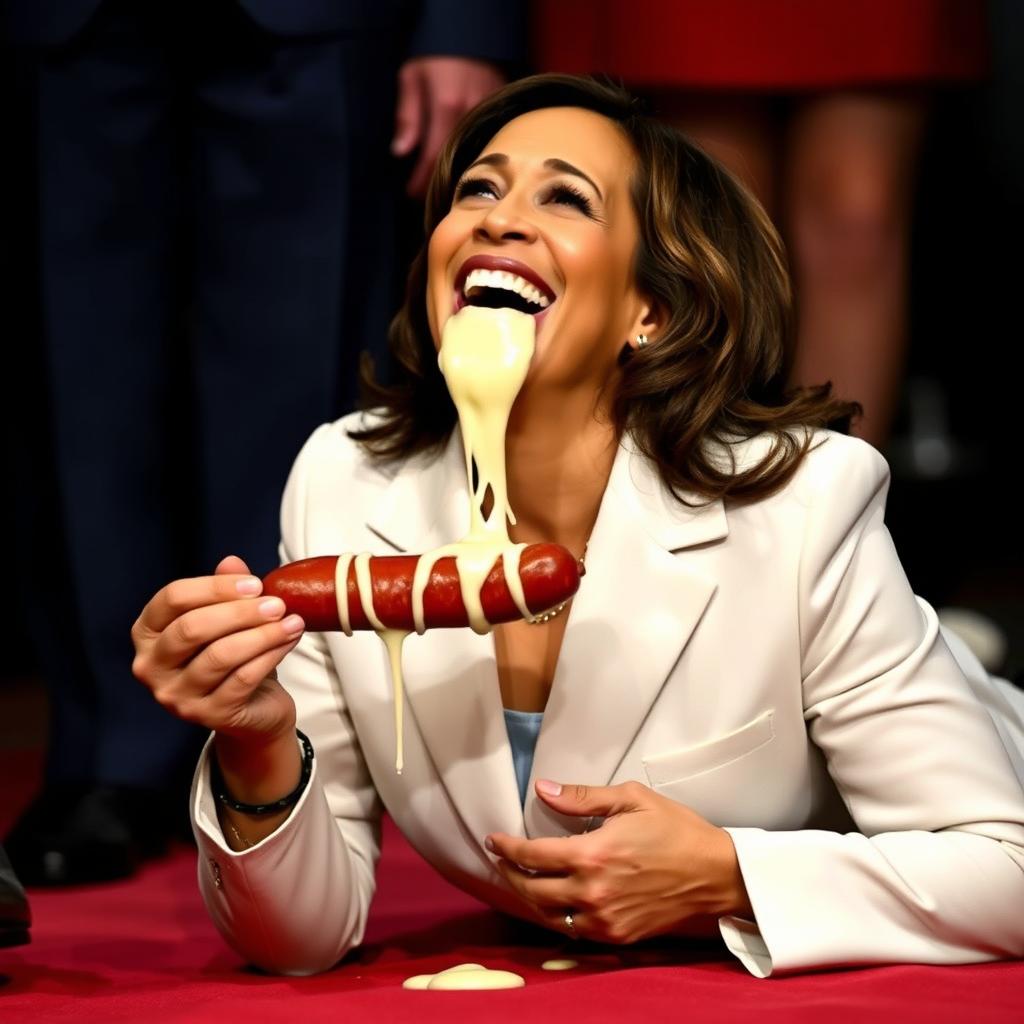 A happy Kamala Harris, the Vice President of the United States, is depicted on her knees, looking up and holding a kielbasa that's dripping white cheese on her mouth