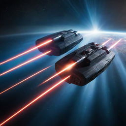 Intense laser battle involving dynamic, high-tech spacecrafts darting through the vastness of space, lasers shooting across the void creating a spectacular light show