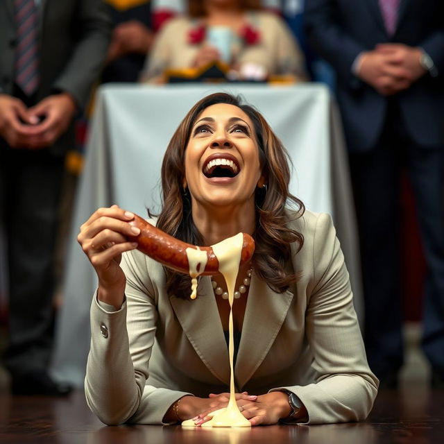 A happy Kamala Harris, the Vice President of the United States, is depicted on her knees, looking up and holding a kielbasa that's dripping white cheese on her mouth