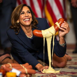 A happy Kamala Harris, the Vice President of the United States, is depicted on her knees, looking up and holding a kielbasa that's dripping white cheese on her mouth