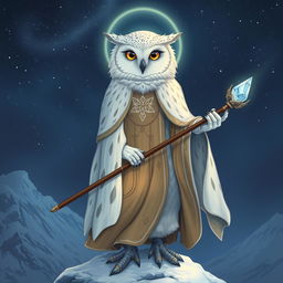 A detailed illustration of a female snow owl Aaracokra cleric