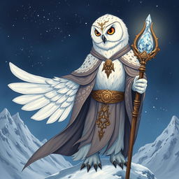 A detailed illustration of a female snow owl Aaracokra cleric