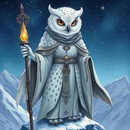 A detailed illustration of a female snow owl Aaracokra cleric