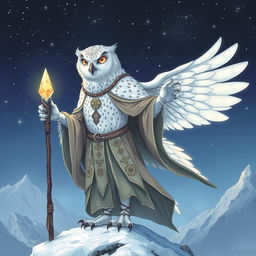 A detailed illustration of a female snow owl Aaracokra cleric