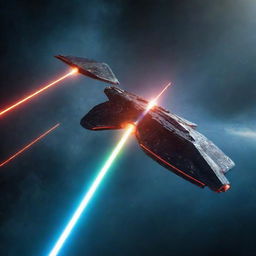 Intense laser battle involving dynamic, high-tech spacecrafts darting through the vastness of space, lasers shooting across the void creating a spectacular light show