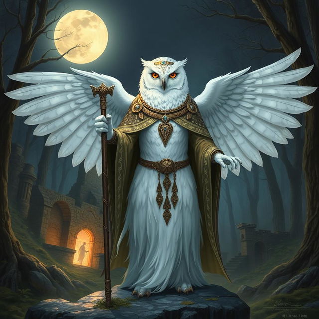 A female snowy owl Aarakocra cleric standing majestically with her wings partially spread, adorned in ornate robes and holding a glowing staff