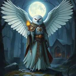 A female snowy owl Aarakocra cleric standing majestically with her wings partially spread, adorned in ornate robes and holding a glowing staff