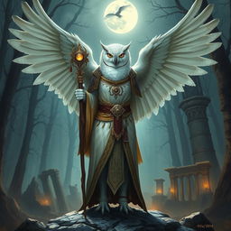 A female snowy owl Aarakocra cleric standing majestically with her wings partially spread, adorned in ornate robes and holding a glowing staff