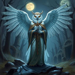 A female snowy owl Aarakocra cleric standing majestically with her wings partially spread, adorned in ornate robes and holding a glowing staff