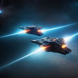 Intense laser battle involving dynamic, high-tech spacecrafts darting through the vastness of space, lasers shooting across the void creating a spectacular light show