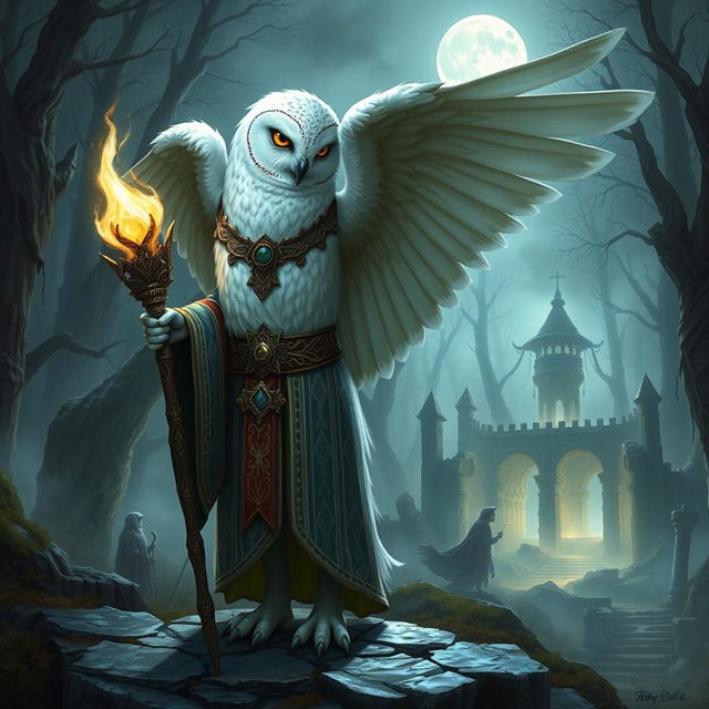 A short female snowy owl Aarakocra cleric standing with her wings partially spread, adorned in ornate robes and holding a glowing staff