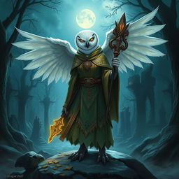 A short female snowy owl Aarakocra cleric standing with her wings partially spread, adorned in ornate robes and holding a glowing staff