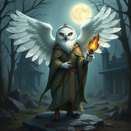 A short female snowy owl Aarakocra cleric standing with her wings partially spread, adorned in ornate robes and holding a glowing staff